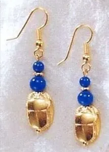 Authentic 2 Gold Plated Egyptian Scarab Beetle Natural Lapis Lazuli Drop Dangle Earrings