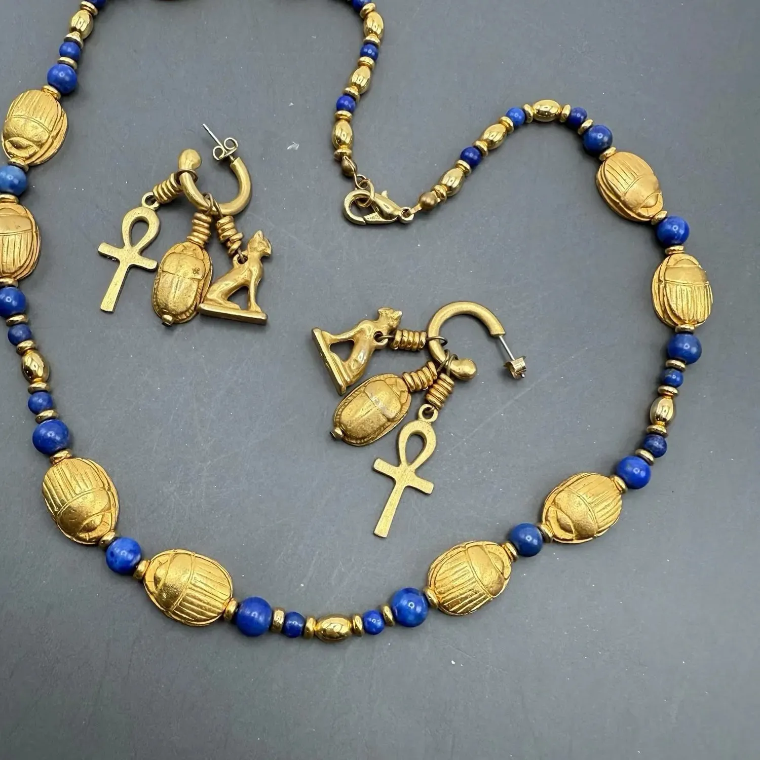 Authentic Vintage Egyptian Rev Gold Plated Scarab Beetle Beaded Necklace Earrings