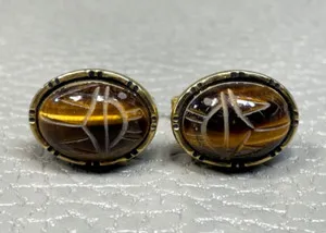 Authentic The Solar Scarab: Ancient Tiger Eye Gold-Plated Cufflinks