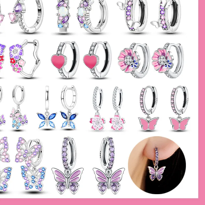 Authentic Pink Series 925 Sterling Silver Romantic Flower Butterfly Unicorn Tulip Geometry Earrings Boutique Jewelry