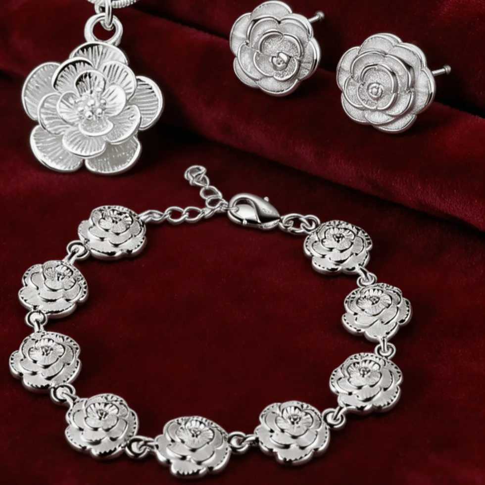Authentic Designer Jewelry Sets 925 Sterling Silver Charms Flowers Necklaces Earrings Bracelets Boutique Accessories