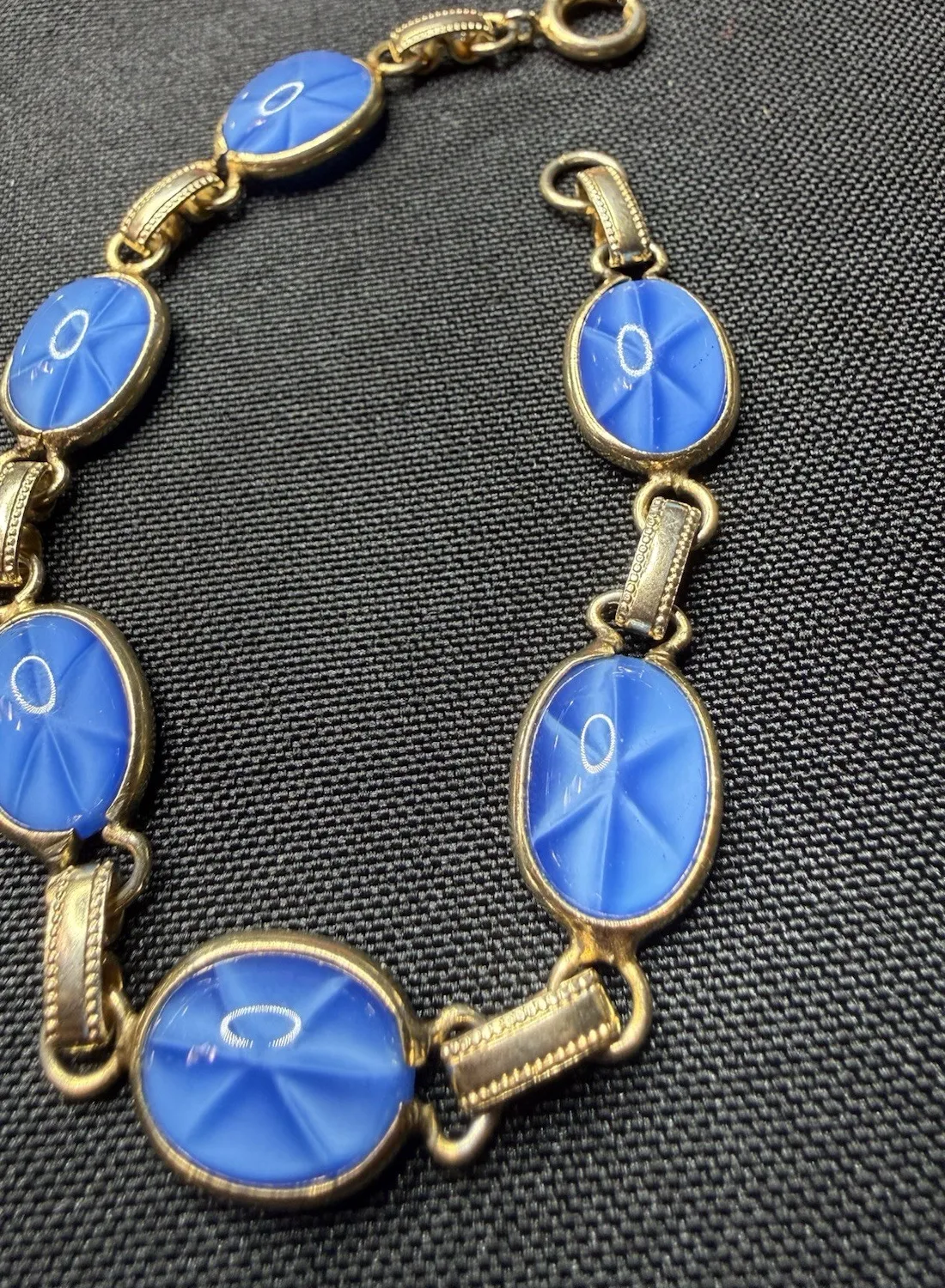 Authentic Vintage Star Sapphire Gold Plated Scarab Beetle Link Style Bracelet Size 7” BLUE