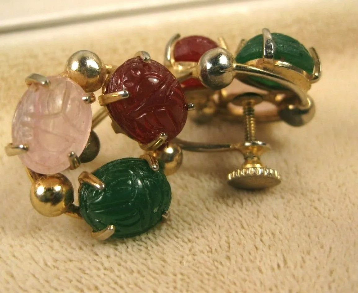 Authentic Scarabs of the Dawn Sun Gold-Plated Jade and Gemstone Talisman Earrings