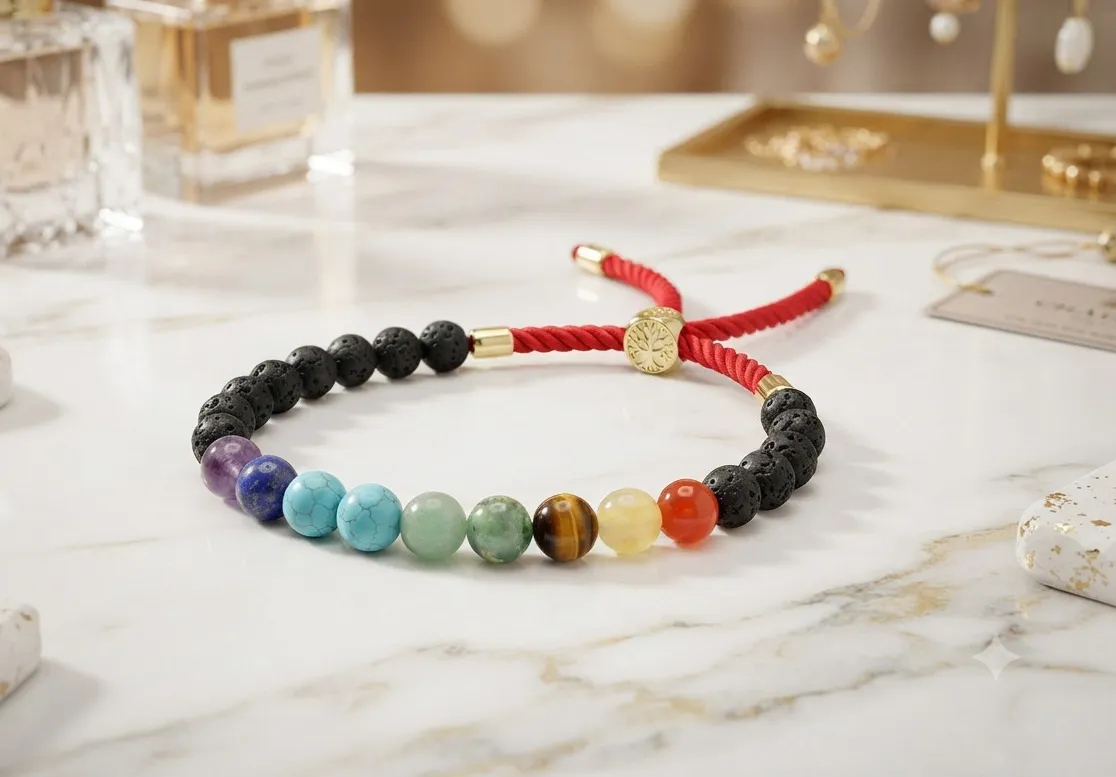 Authentic 18K Gold Plated Red String Chakra Bracelet Lava Stone Gemstone Royal Adjustable