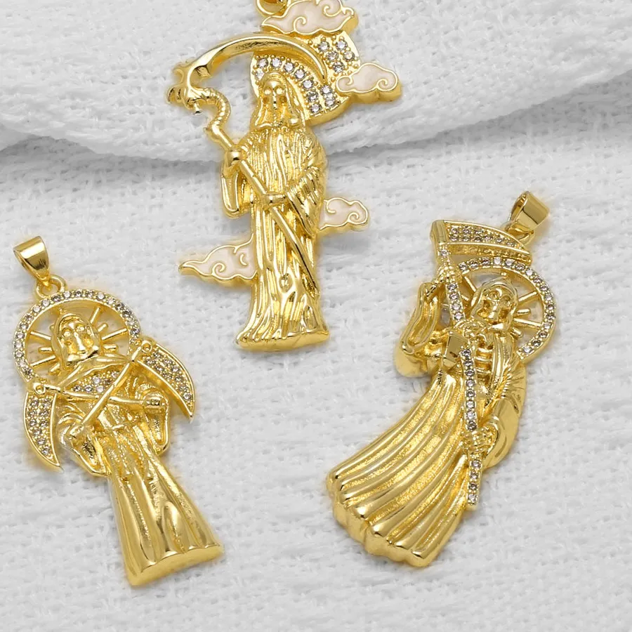 Authentic OCESRIO Santa Muerte Charms for Necklace Gold Plated Grim Reaper Skeleton Pendant DIY Jewelry Making Supplies pdtb914