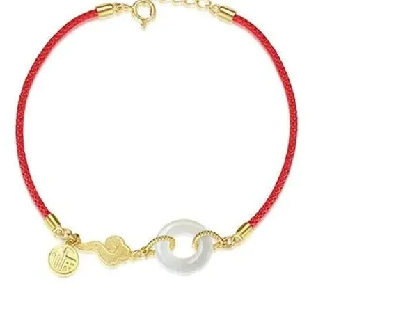 Authentic Red String Gold-Plated Link Bracelet- Natural white jade donut cinnabar gold-pla