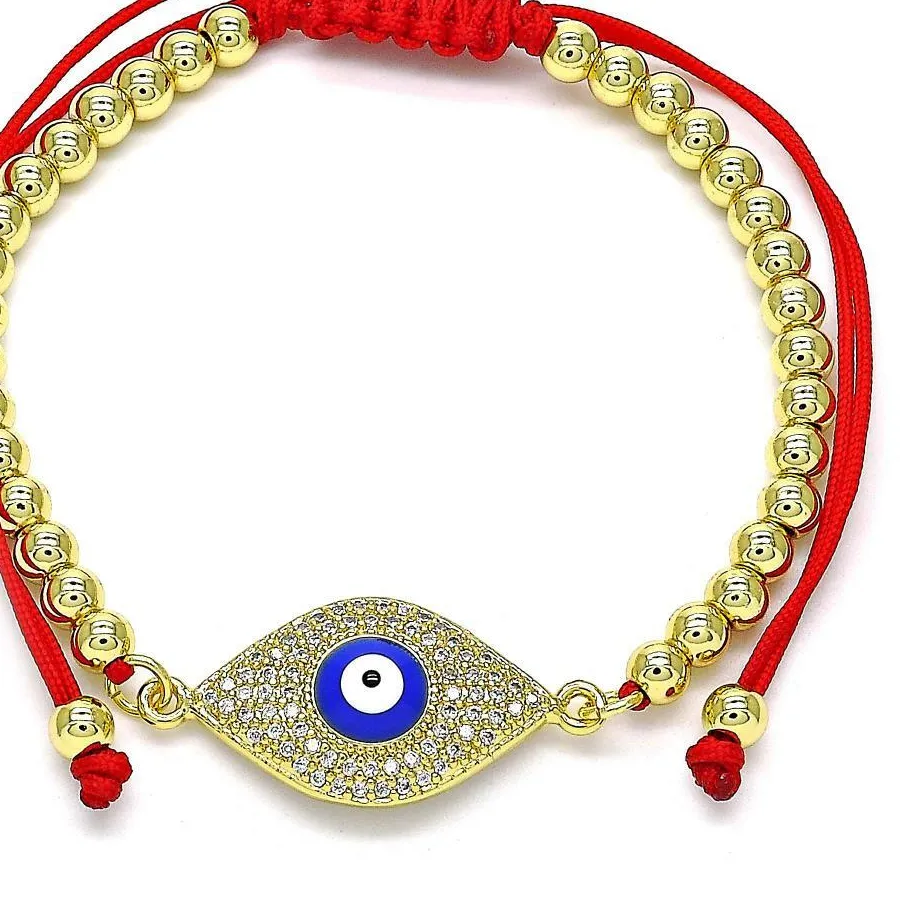 Authentic 14K Gold Plated RED STRING Adjustable Bracelet Full CZ Blue Evil Eye Protection