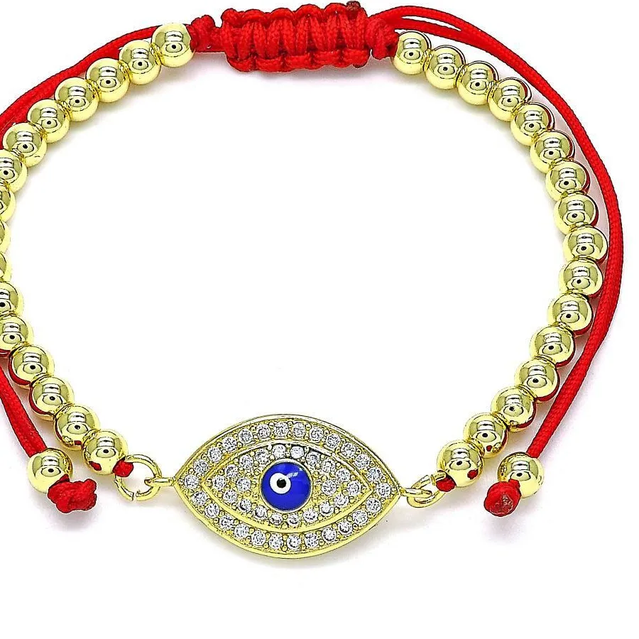 Authentic 14K Gold Plated RED STRING Adjustable Bracelet CZ Small Blue Evil Eye Protection