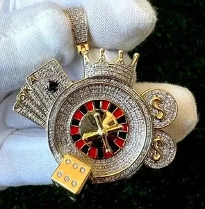 Authentic 2.2Ct Round Moissanite Casino Rollet Dice Cards Money Pendant Yellow Gold Plated