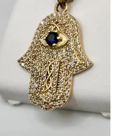 Authentic Evil Eye Hamsa Hand Pendant 2Ct Lab-Created Sapphire &Diamond 14K Gold Plated