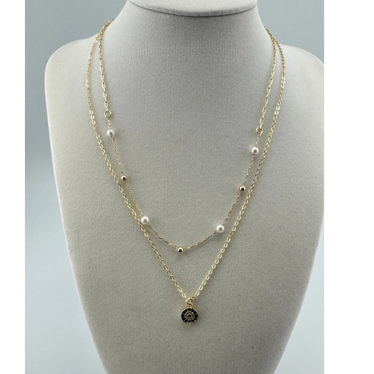 Authentic Celestial Gaze: Double-Layer Evil Eye and Pearl Illumination Talisman in 14k Gold