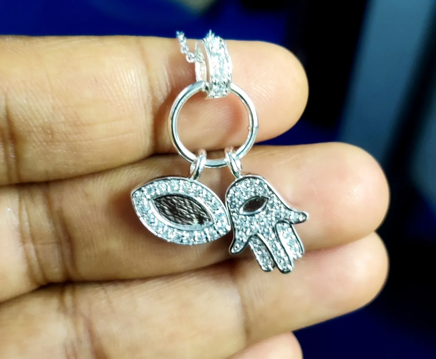 Authentic 1.70CT Lab-Created Diamond Evil Eye Hamsa Hand Pendant 14K White Gold Plated