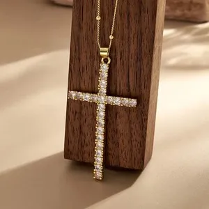 Authentic Radiant Faith: The 18K Gold Plated Vintage Zircon Cross Pendant Necklace