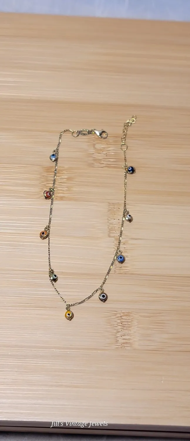 Authentic Sterling Silver Gold Plated Evil Eye Dangle Ankle Bracelet Women Jewelry