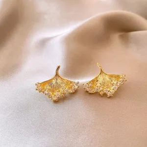 Authentic Gold Plated Ginkgo Leaf Stud Earrings Women Ear