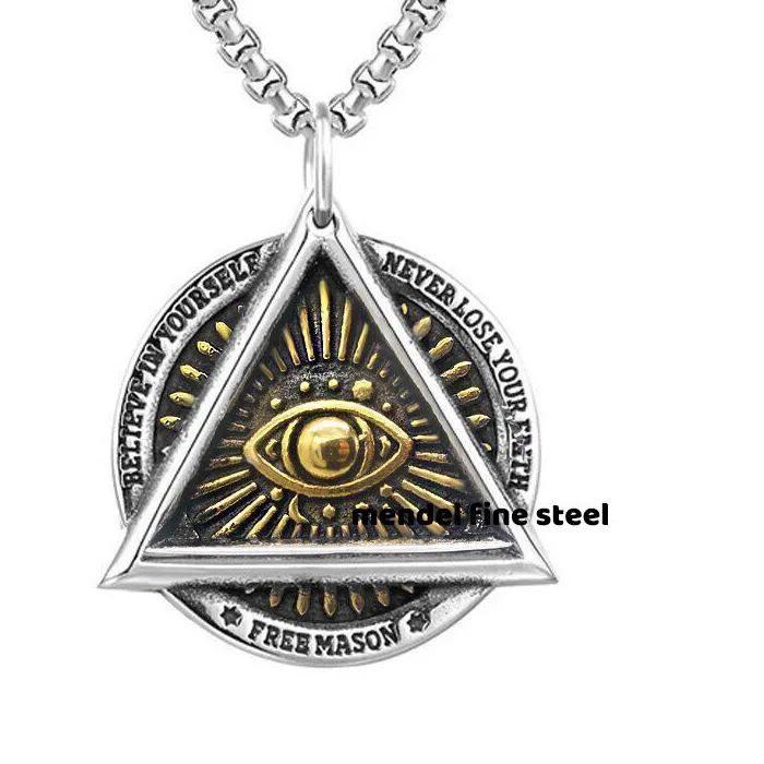Authentic MENDEL Mens Gold Plated Hip Hop Masonic Evil Eye Of Providence Pendant Necklace