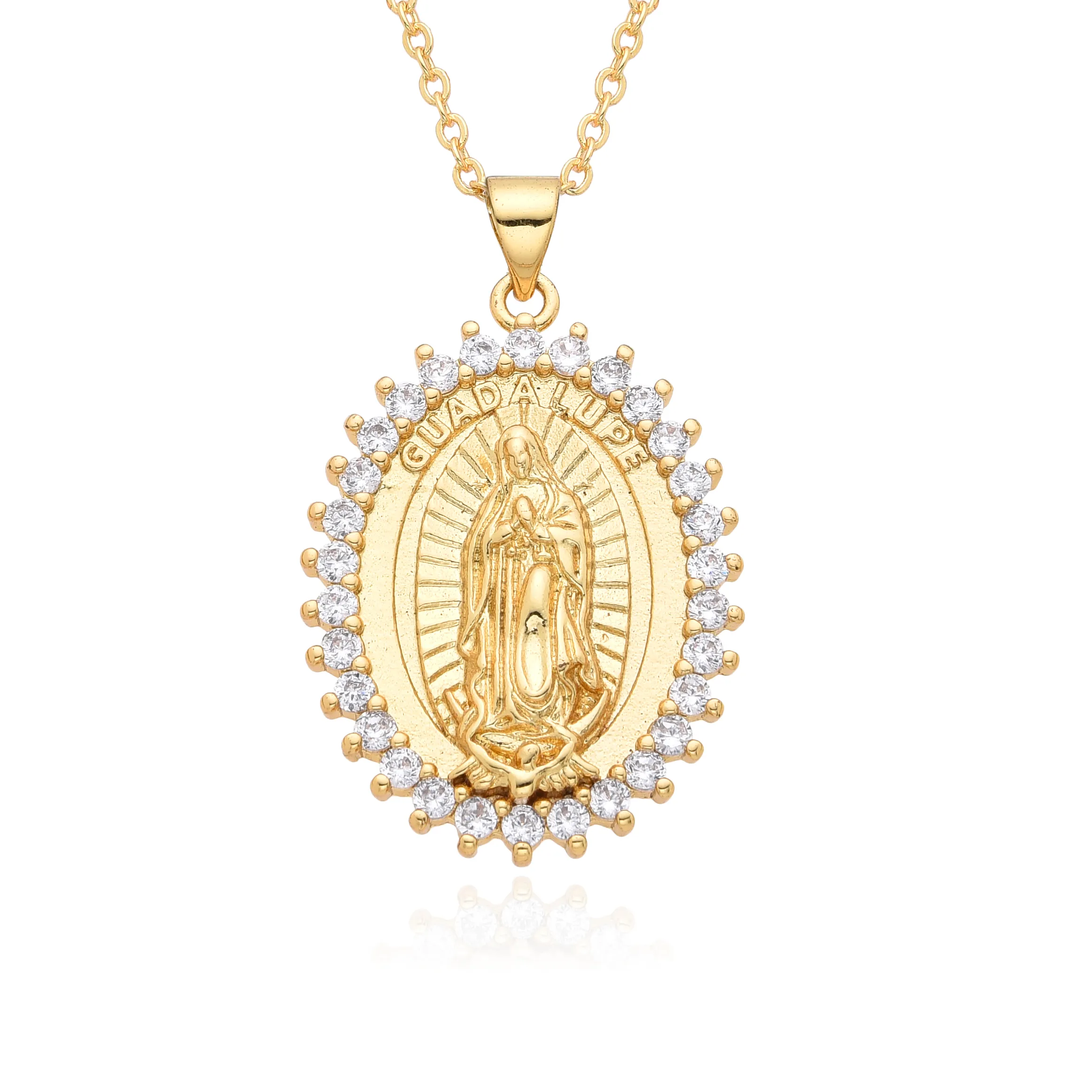 Authentic Gold Plated Our Lady of Guadalupe Charms Colored Zirconia Hearts Edges Virgin Mary Religious Necklace Catholic Jewelry Pendant