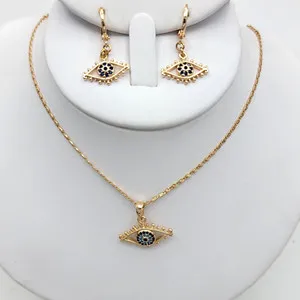 Authentic 18K Gold Plated Blue Crystals Evil Eye Set Pendant Chain Earrings. Good Luck