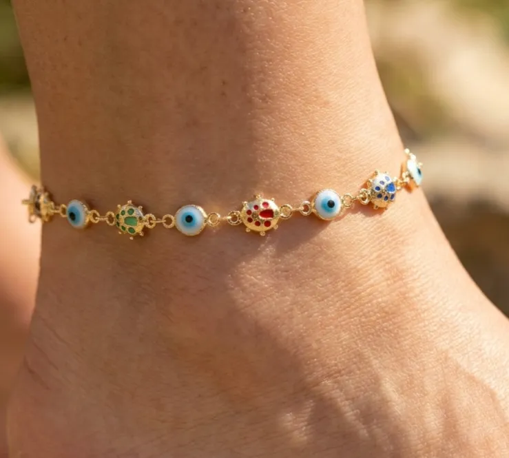 Authentic Elegant Gold Color Evil Eye Ladybug Anklet | 18K Gold Plated Designer Brass