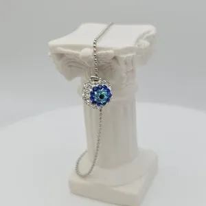 Authentic Evil Eye Bracelet Blue Crystal Encrusted Sphere 18k White Gold Plated 6¾"