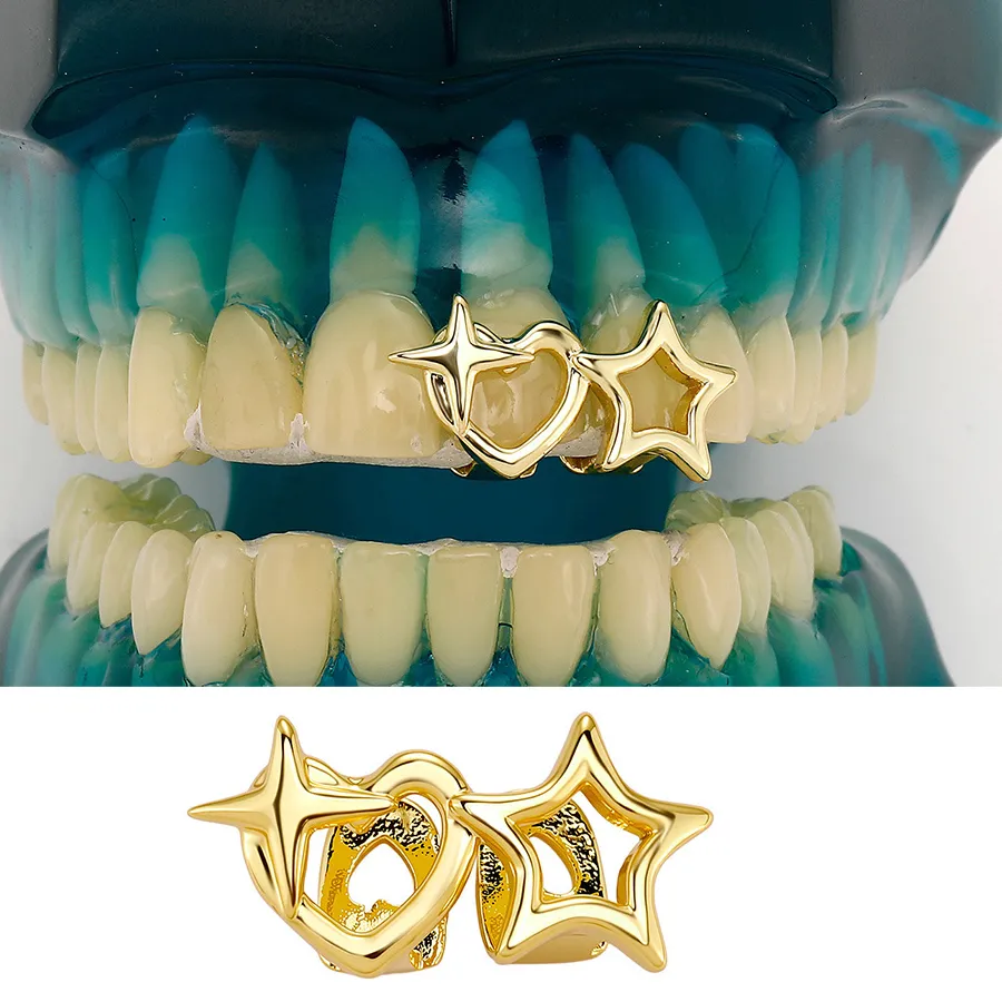Authentic Celestial Grin: Y2K Vintage Double Hollow Star and Heart Gold-Plated Tooth Caps