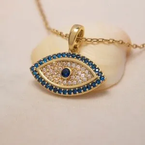 Authentic 1.90Ct Round Simulated Sapphire Evil Eye Fancy Pendant In 14K Yellow Gold Plated