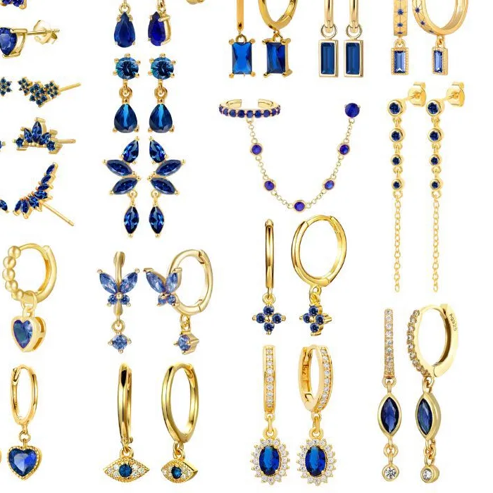 Authentic Blue Crystal 925 Sterling Silver Ear Devil Eye Pendant Gold Earrings Water Drop Zircon Jewelry