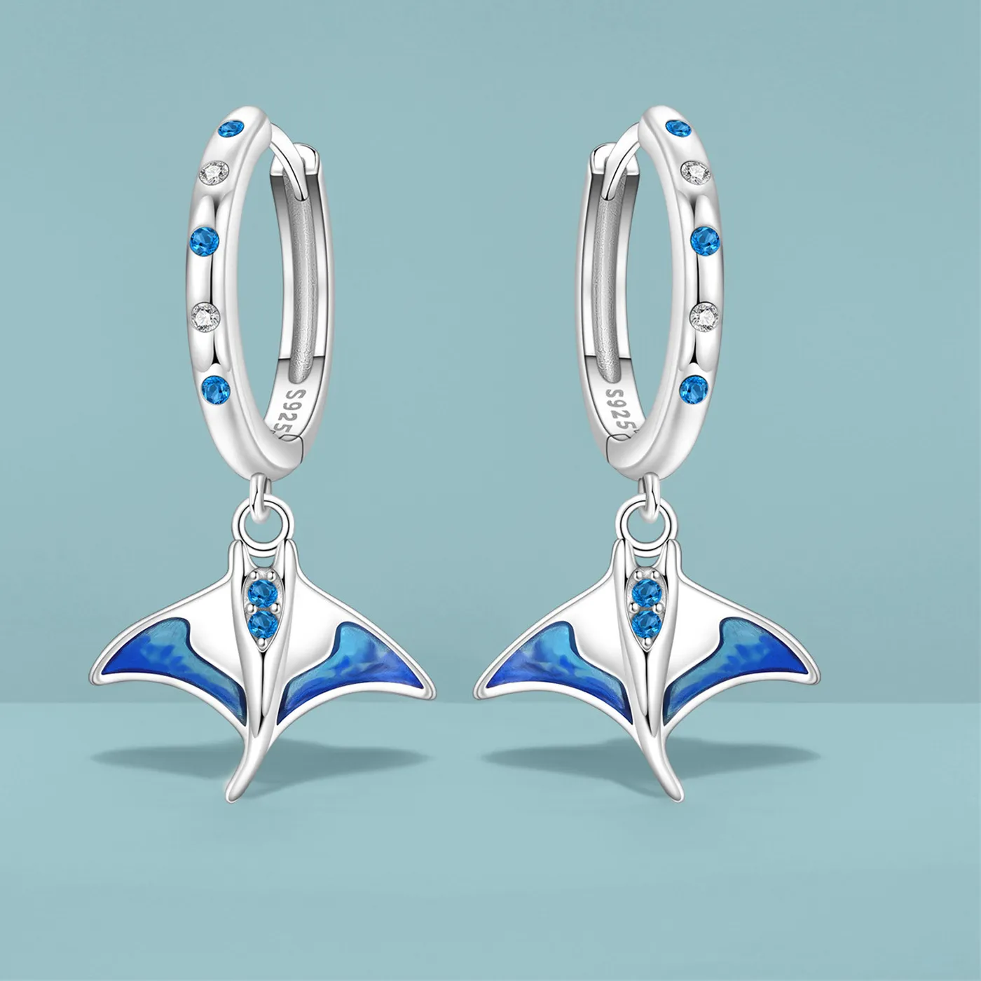 Authentic Cycuff 925 Sterling Silver Blue Devil Fish Drop Earrings Versatile Jewelry