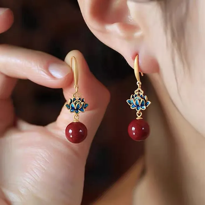 Authentic Natural Lotus Flower Earrings for Women Round Beads Chinese Style Retro Southern Red Tourmaline Earings Classical Jewelry Gifts