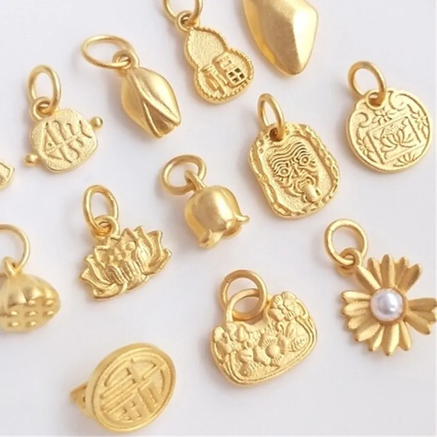 Authentic Sand Gold Accessories, Flower Buds, Lotus Flowers, Daisies, Lucky Stone Pendants, DIY Jewelry Charm Pendants K440