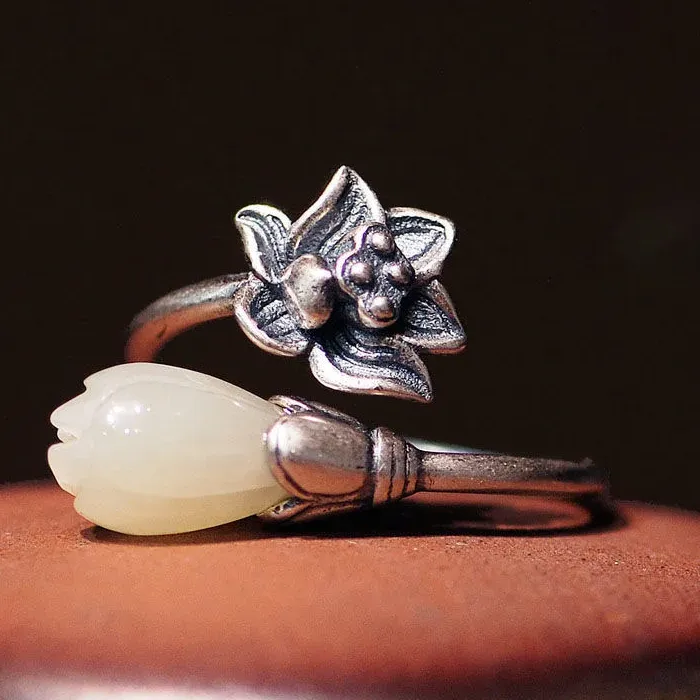 Authentic Natural Hetian Magnolia Flower lotus Opening Adjustable Ring Chinese Style Retro Bohemian elegant charm silver jewelry