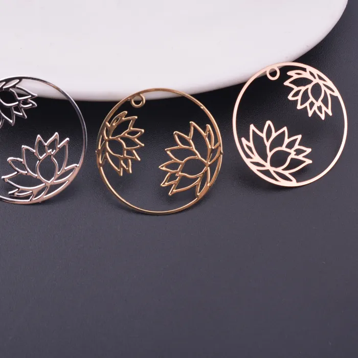 Authentic 6pcs 27mm Rose gold color Round Lotus Charms Thin Pendant Silver Plated Earring Findings