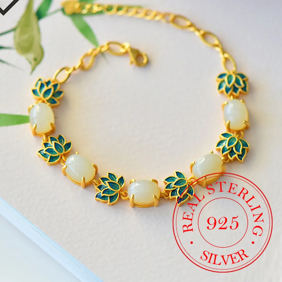 Authentic 925 Sterling Silver Jewelry 18K Gold Plated Natural Jade Lotus Flower Charm Bracelet for Women Homme Wedding Party Gift