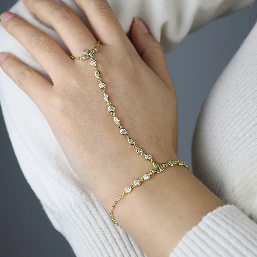 Authentic High Quality Fashion Elegance Women Jewelry Lotus Flower Charm CZ Link Hand Chain Bracelet Gold Color