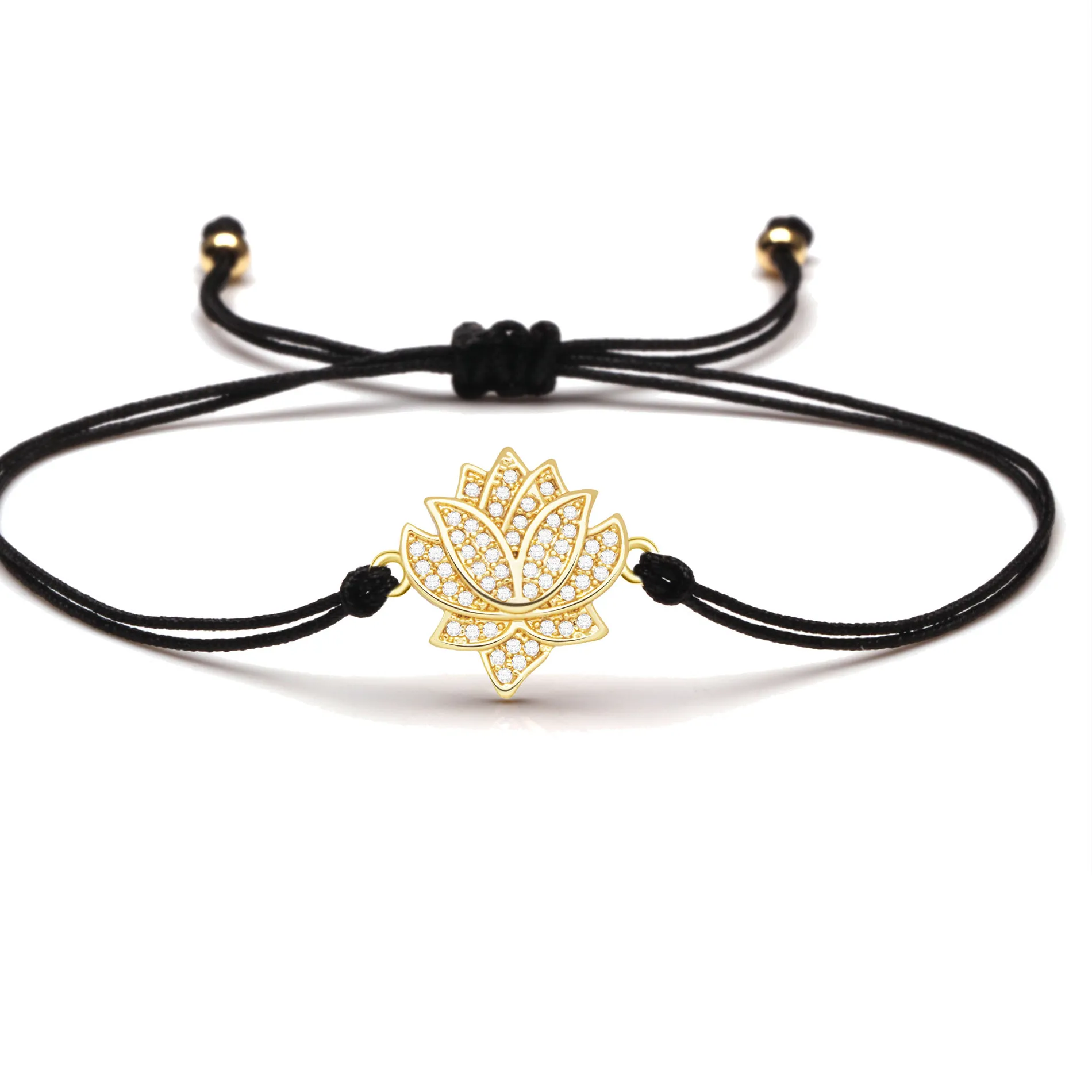 Authentic Sacred Lotus Bliss: Gold-Plated CZ Charm Bracelet for Serenity and Good Fortune