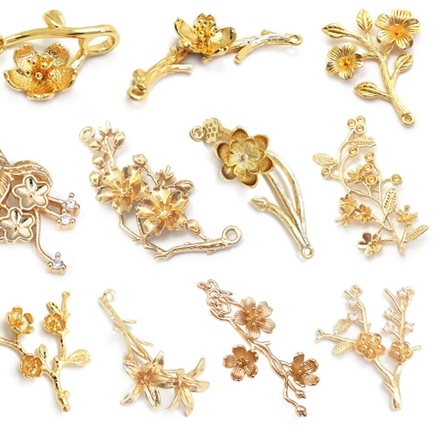 Authentic 18K Gold Color Brass Plum Lotus Flower Branch Charms Pendants High Quality Diy Jewelry Making Supplies Necklace Accessories