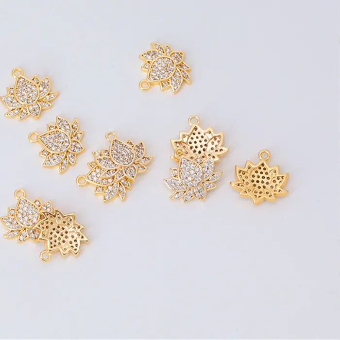 Authentic 10Pcs/Lot New 18K Gold Plated Brass CZ Crystal Lotus Flower Beads Charms For DIY Necklace Pendant Jewelry Making Accessories