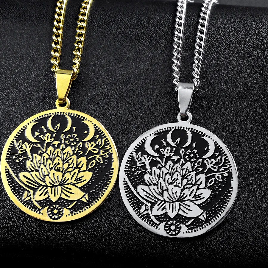 Authentic Triple Moon Goddess With Lotus Flower Necklace for Women Men Stainless Steel Gold Color Wicca Eye Necklaces Jewelry N918S02