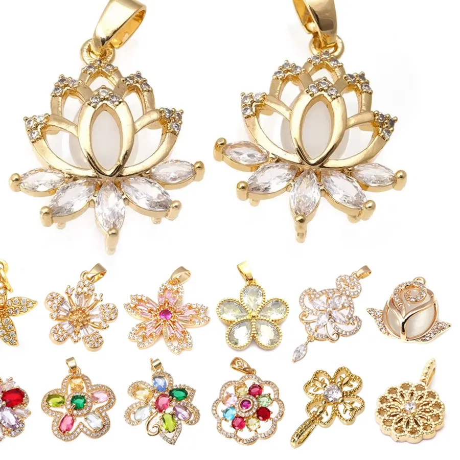 Authentic 18K Gold Color Brass and Zircon Lotus Flower Necklaces Charms Pendants High Quality Diy Jewelry Accessories Making Supplies