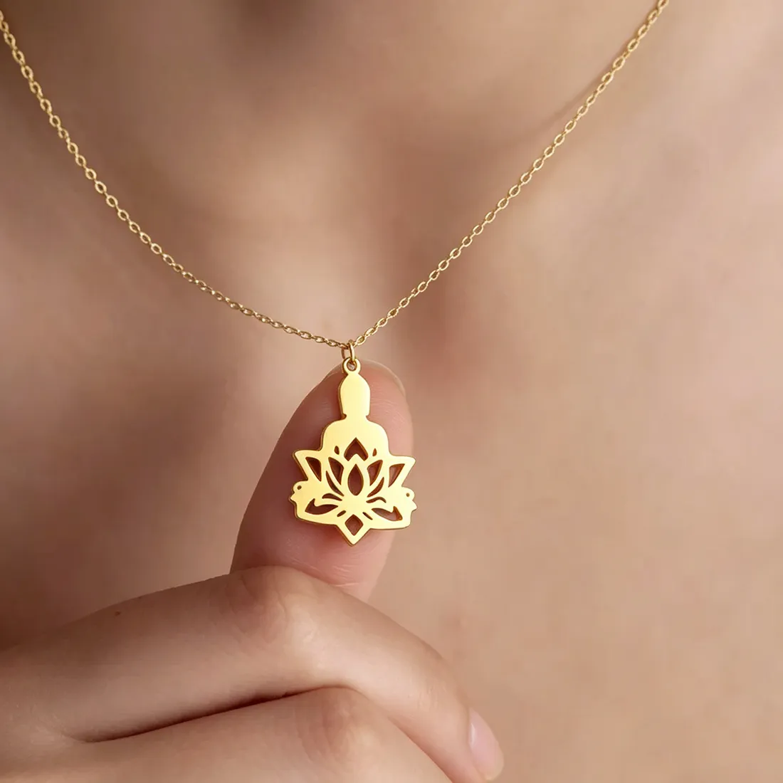 Authentic Stainless Steel Hollow Buddha In Lotus Pendant Necklace for Women Minimalist Gold Color Necklace Girl Wedding Party Jewelry