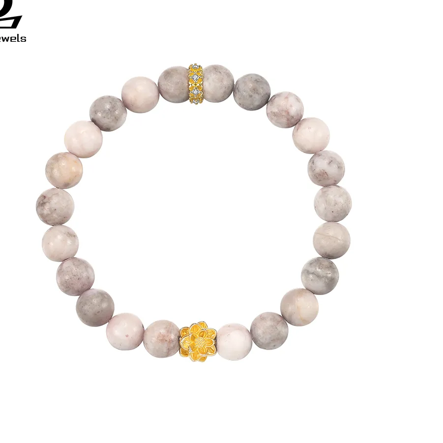 Authentic ORSA JEWELS Fashion Lotus & Zebra Stone Bead Bracelet Design 14K Gold Plated Flower Charm Elastic Bracelet Daily Wear GMB106