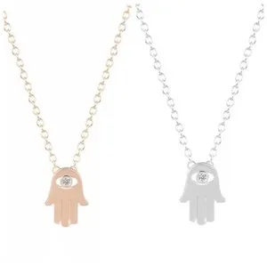 Authentic Hamsa Hand of Fatima Evil Eye Pendant Necklace Silver Gold Plated Cubic Luck N54