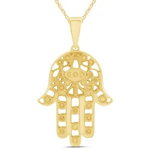 Authentic Hamsa Hand of Fatima Evil Eye Pendant Necklace14K Yellow Gold Plated 925 Silver