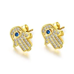 Authentic Yellow Gold/White Gold Plated Evil Eye and Hamsa Hand of Fatima White Blue Cubic