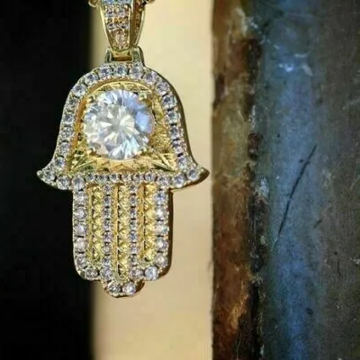 Authentic Sacred Hamsa Pendant Of Fatima 2Ct Lab Diamond Talisman In 14K Gold Plated Protection