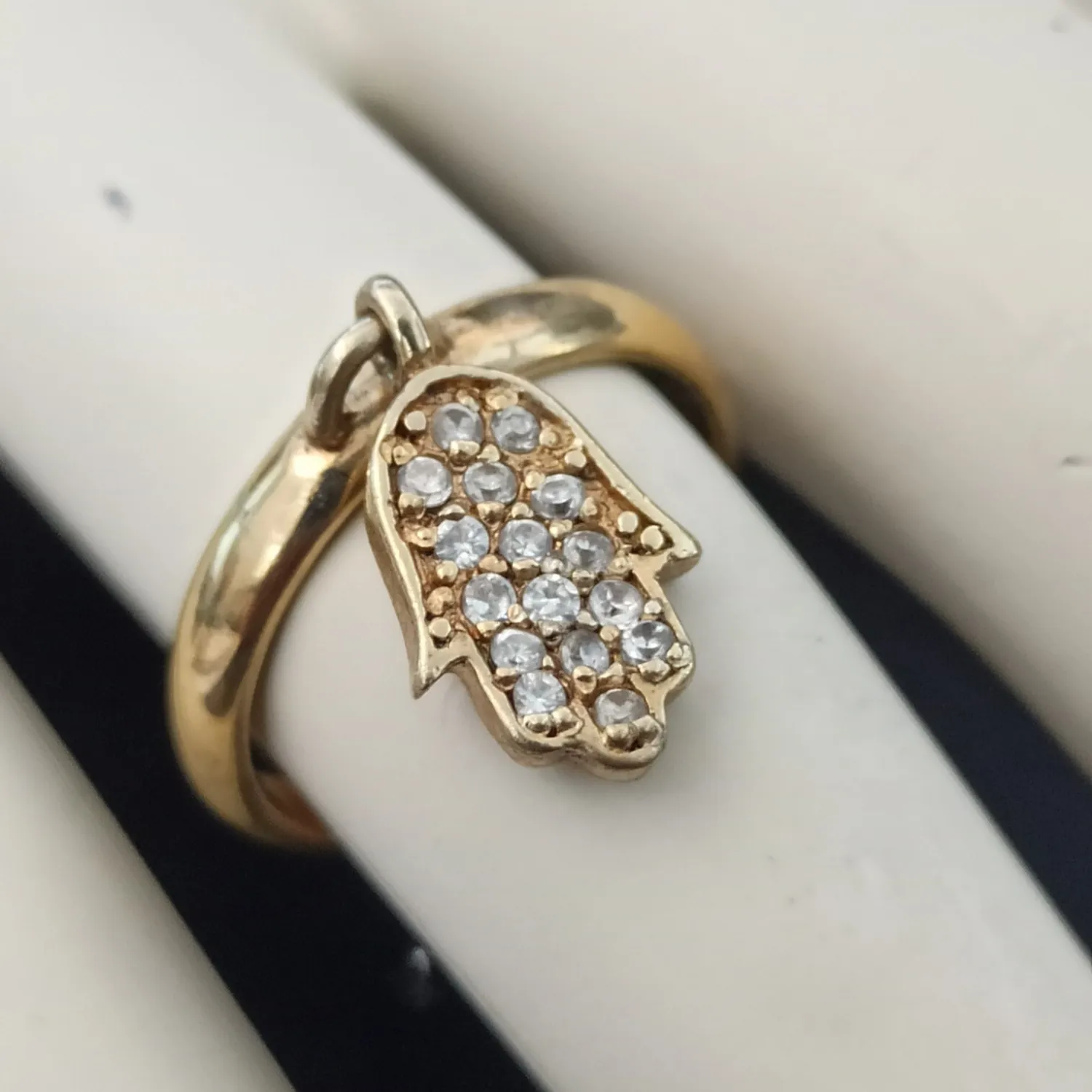 Authentic Hamsa Sanctuary - Art Deco Hand of Fatima Gold Plated 925 Silver Talisman Ring Size 6