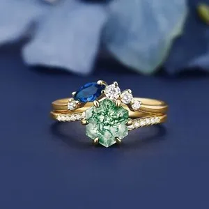 Authentic The Verdant Horizon Hexagon Moss Agate Ring Set in 14K Gold Plate