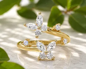 Authentic The Golden Chrysalis: 0.75 CTW Lab-Grown Diamond Butterfly Bypass Ring in Sterling Silver with Radiant Gold Finish