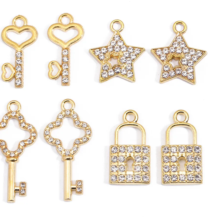 Authentic JQ 10Pcs Bling Crystal Key Lock Gold Plated Alloy Charm Pendant for Necklace Earring Handmade Jewelry Accessory Wholesale