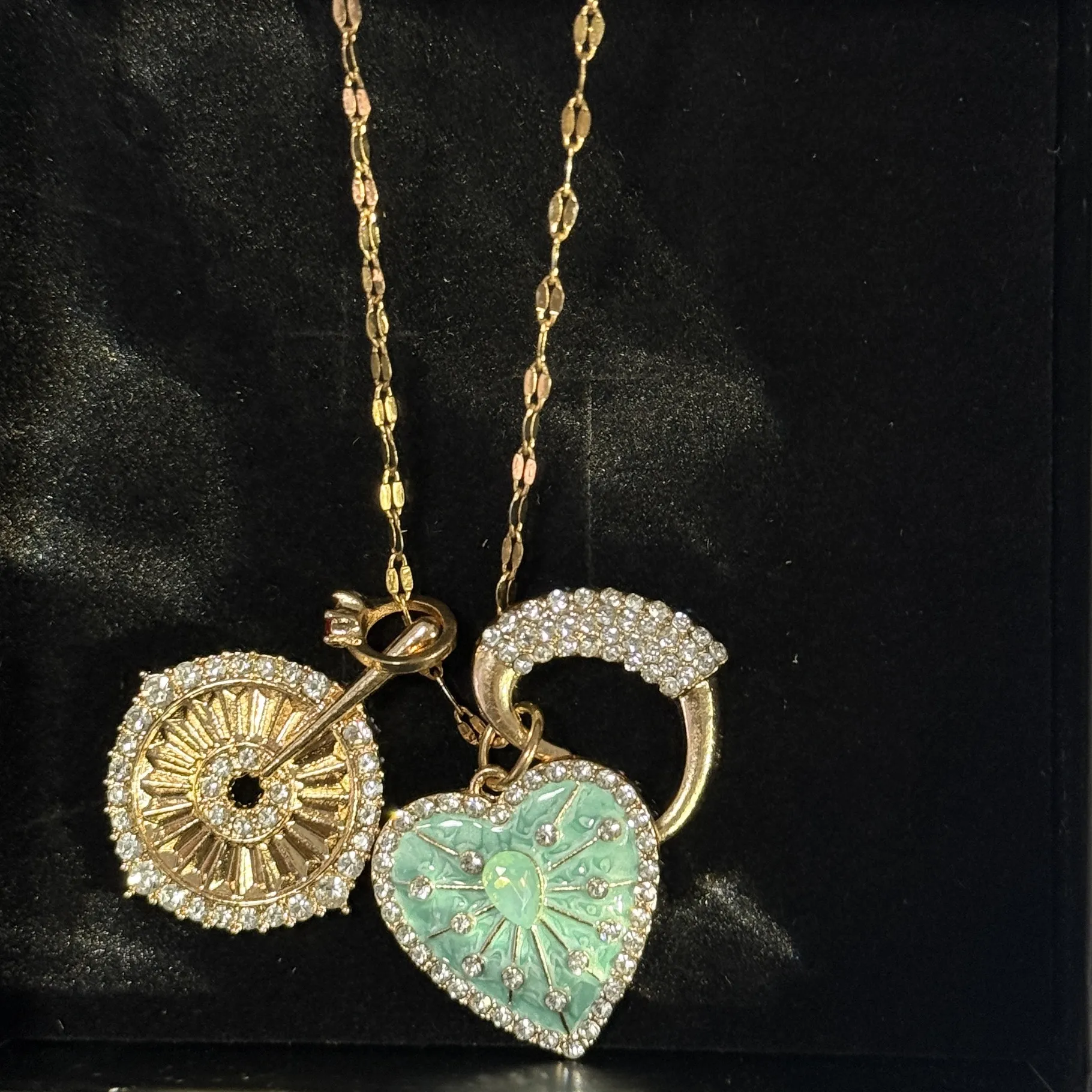 Authentic Gold Plated Lock & Key Necklace, Green Enamel Heart & Sunburst Pendants, Layered Rhinestone Chain Jewelry , Love & Luck Charm